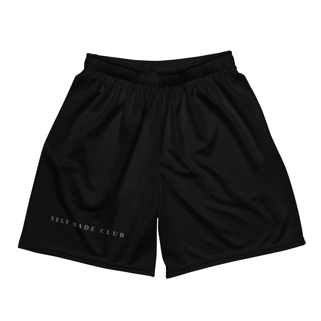 Self Made Club Mesh Shorts — front view with wordmark at leg