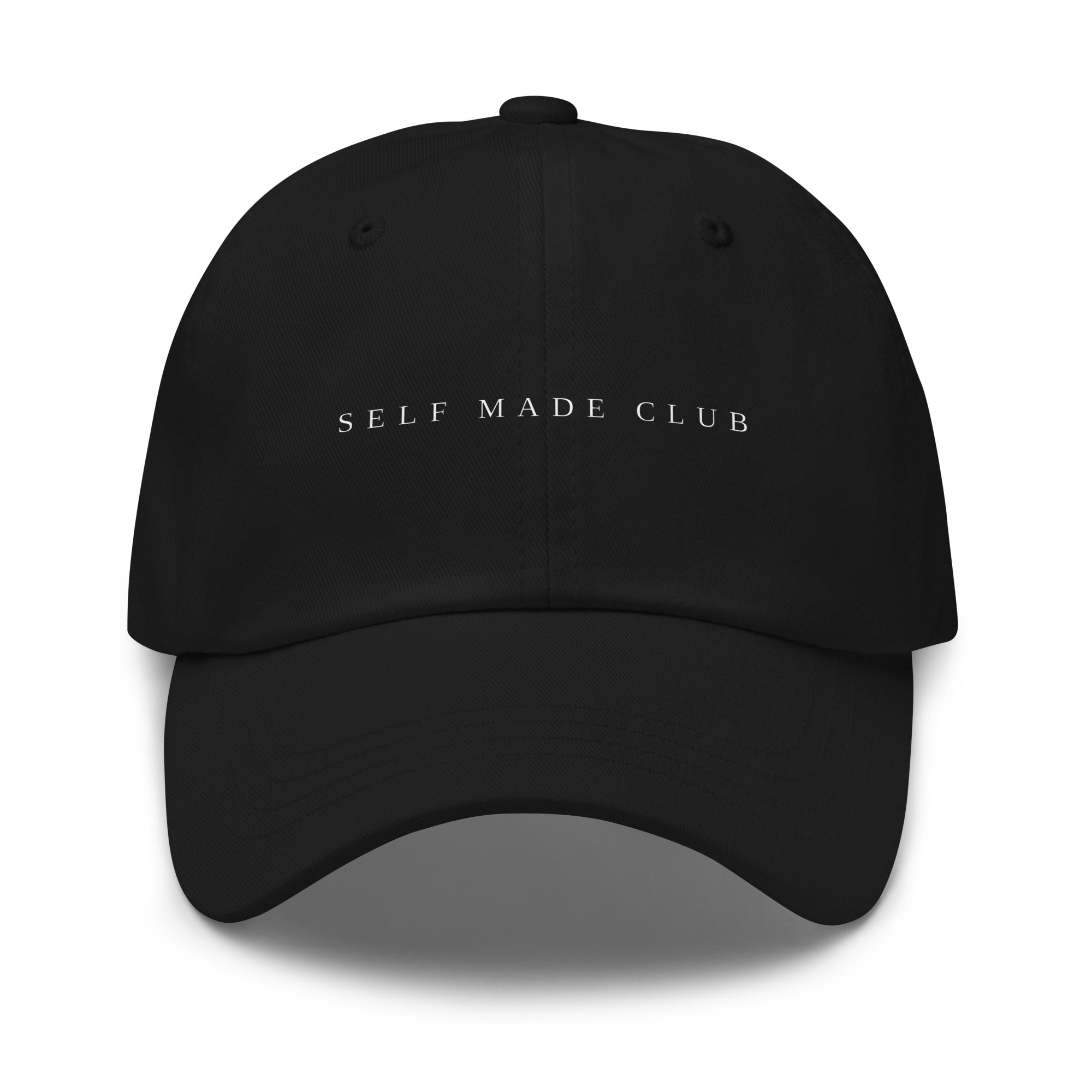 Self Made Club Dad Hat in black chino twill — front view with embroidered wordmark