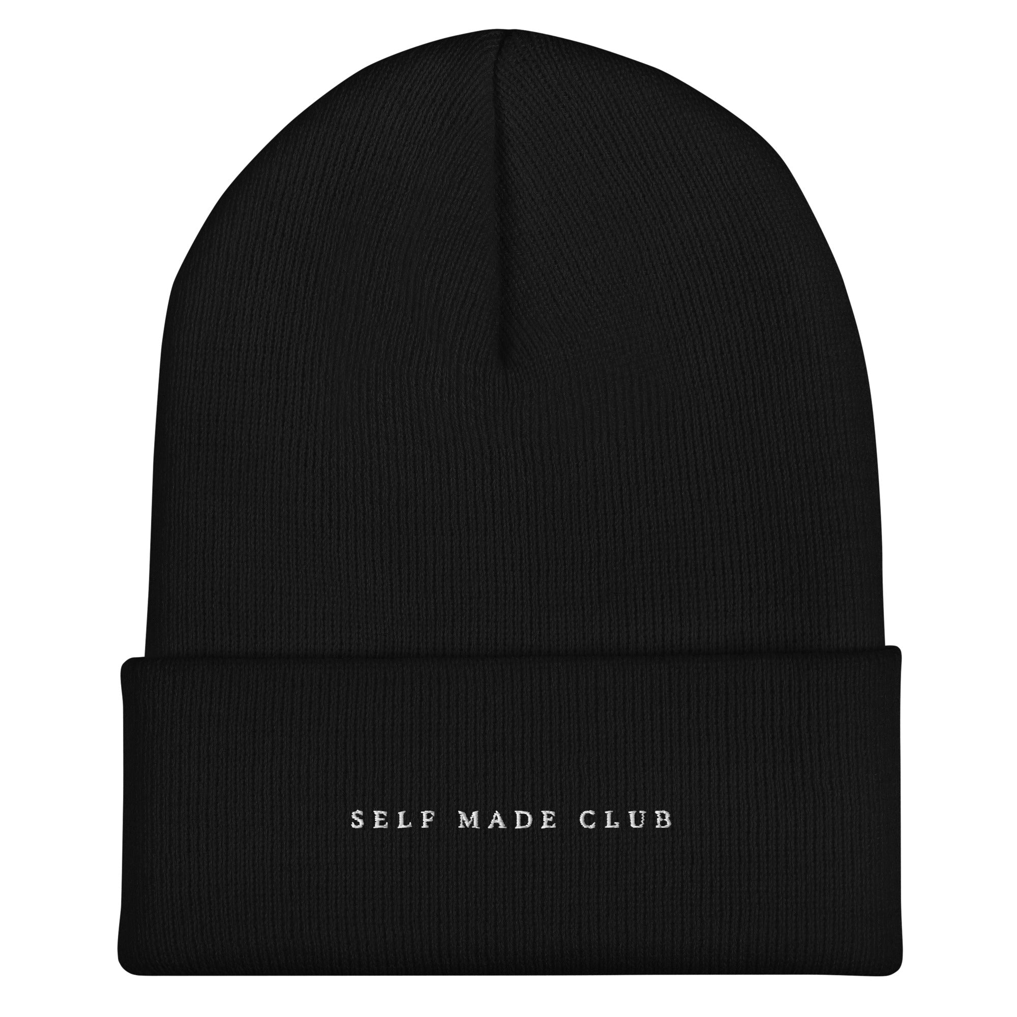 Self Made Club Cuffed Beanie in black, ribbed knit with wordmark at cuff