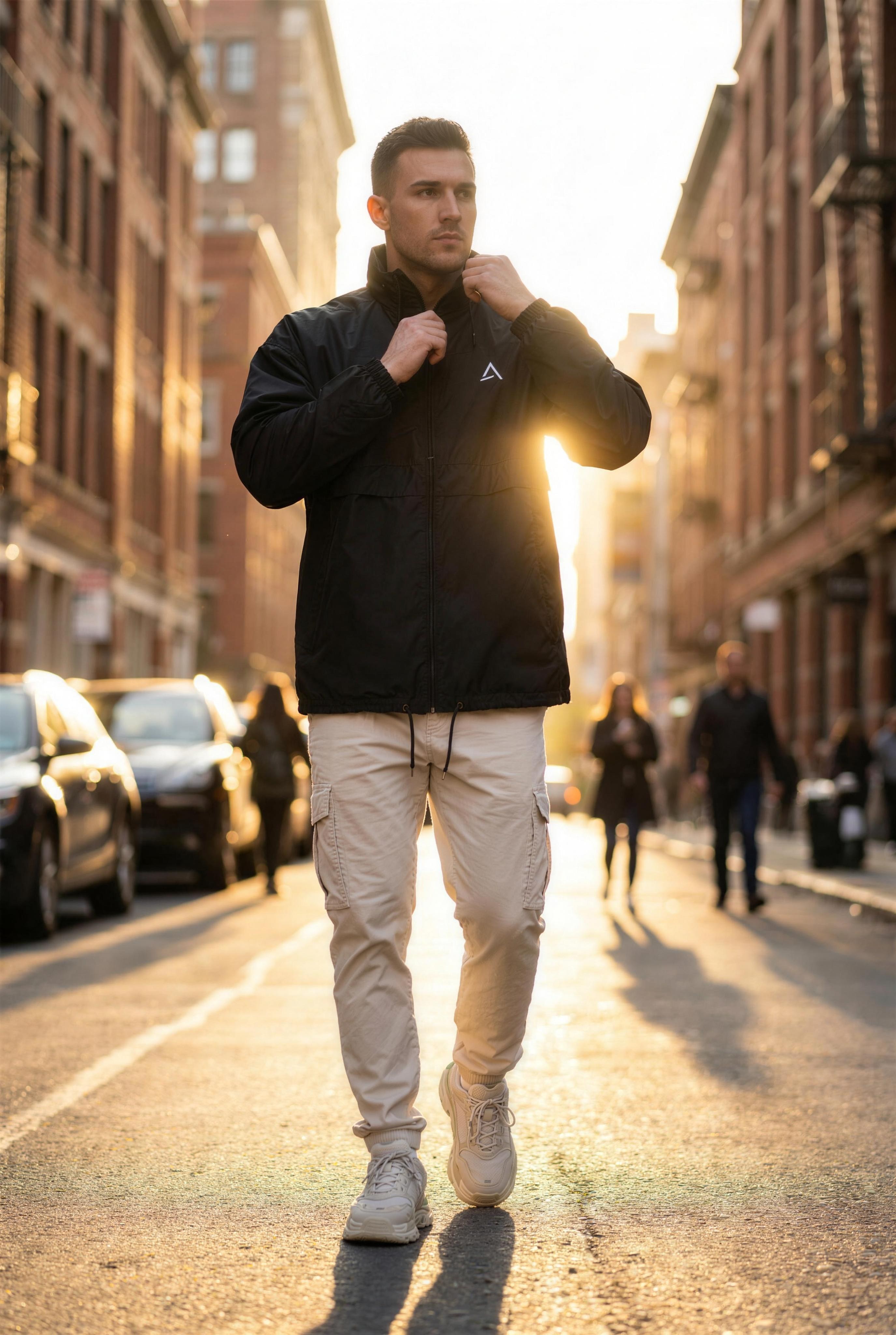 Model wearing Self Made Club Standard Issue Windbreaker at golden hour