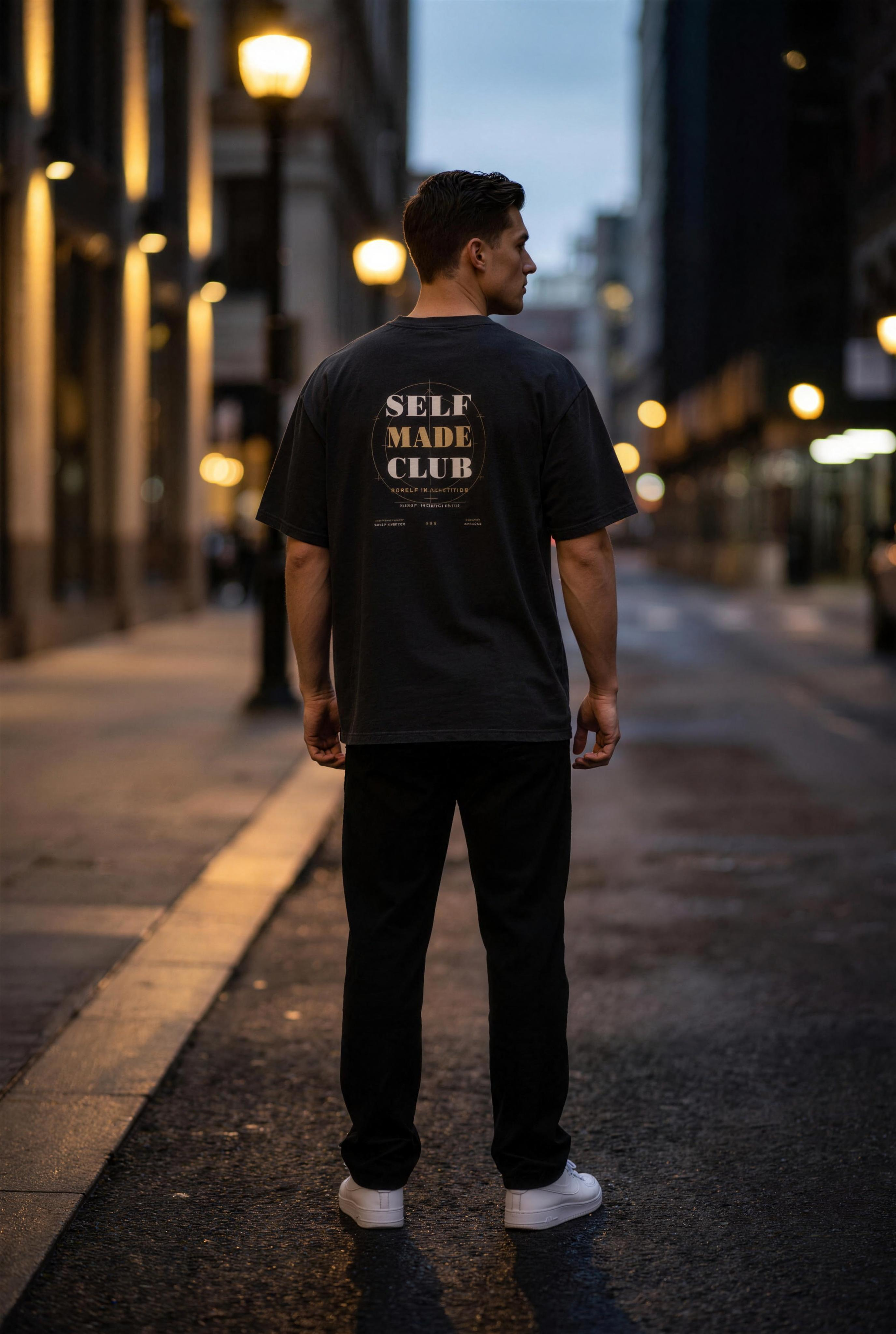 Model wearing the Self Made Club Forged in Repetition Tee with the back graphic visible