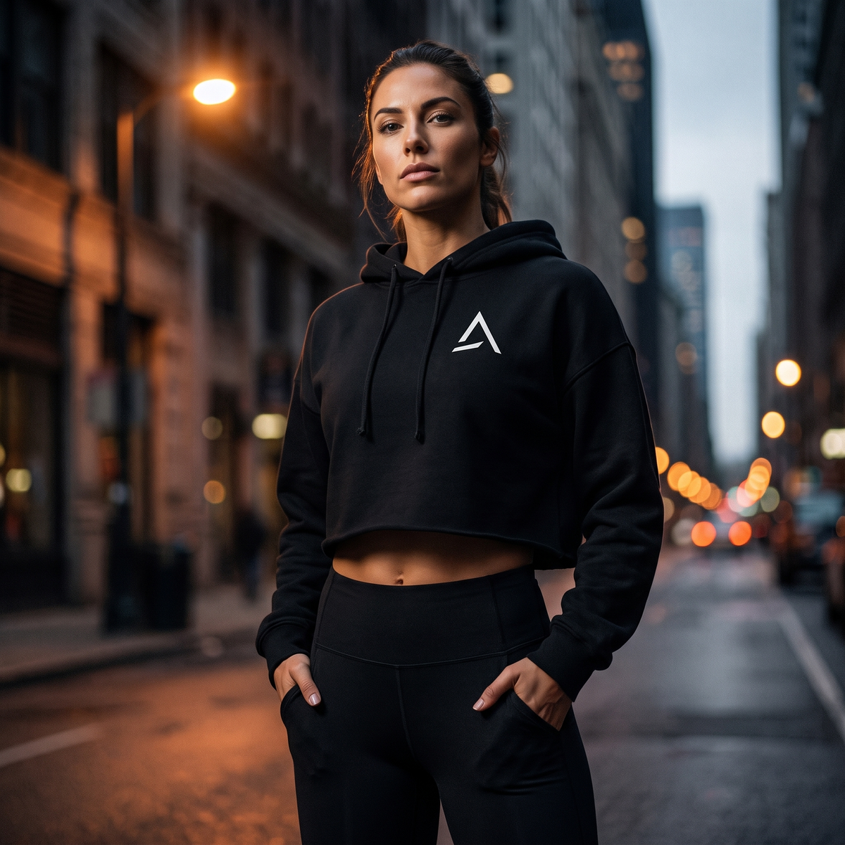 Female model wearing the Self Made Club Crop Hoodie