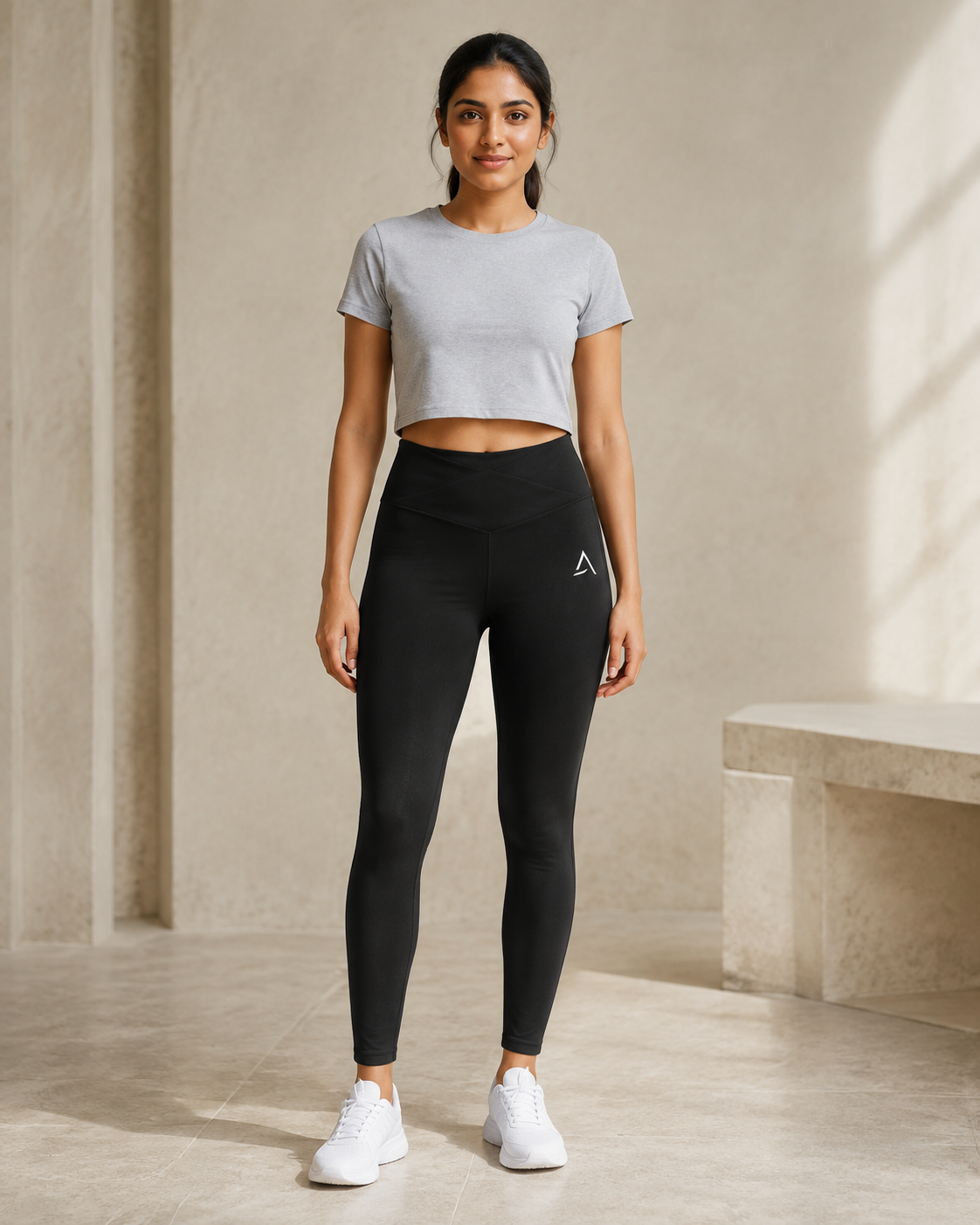 Self Made Club Form Legging in black on a female model in front view, showing cross-front waistband, left thigh mark and full-length fit. AI-generated styling visualization.