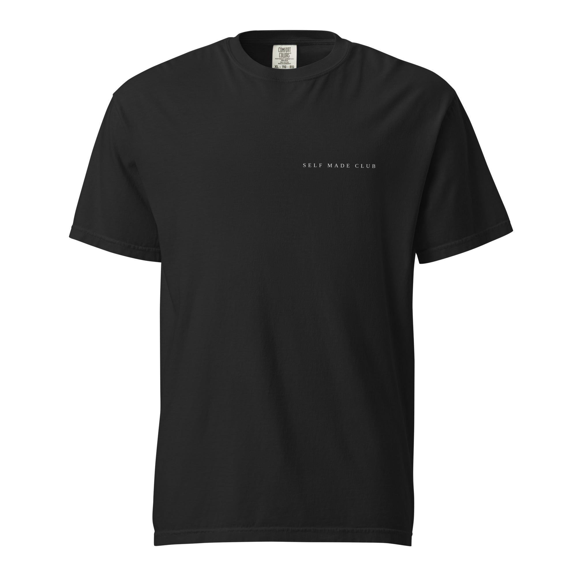 Self Made Club Garment-Dyed Heavyweight Tee in black — front view with white wordmark at chest