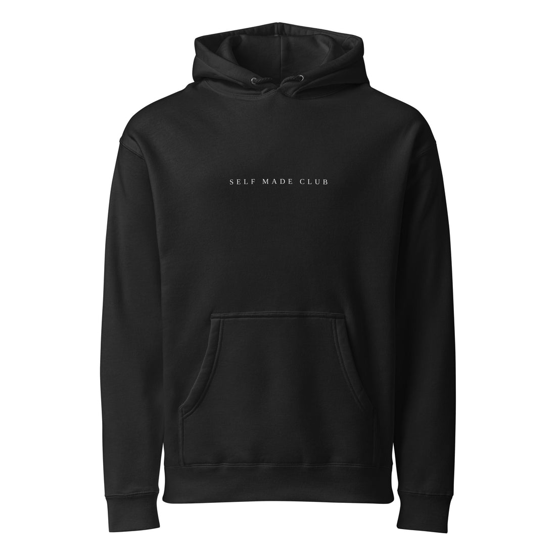 Self Made Club Heavyweight Hoodie in black — front view with white wordmark at chest