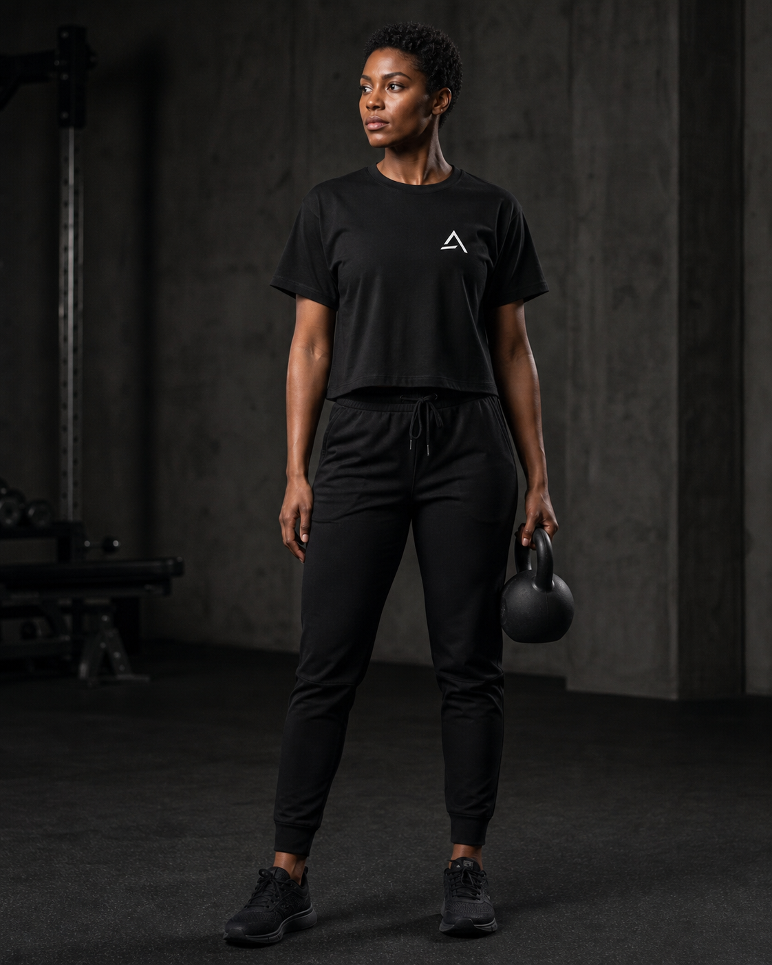 Woman modeling the black Self Made Club Form Box Tee