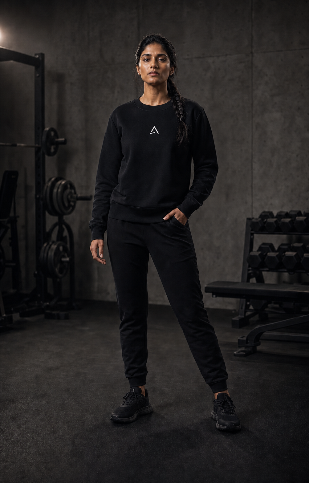 Woman modeling the black Self Made Club Form Organic Crew