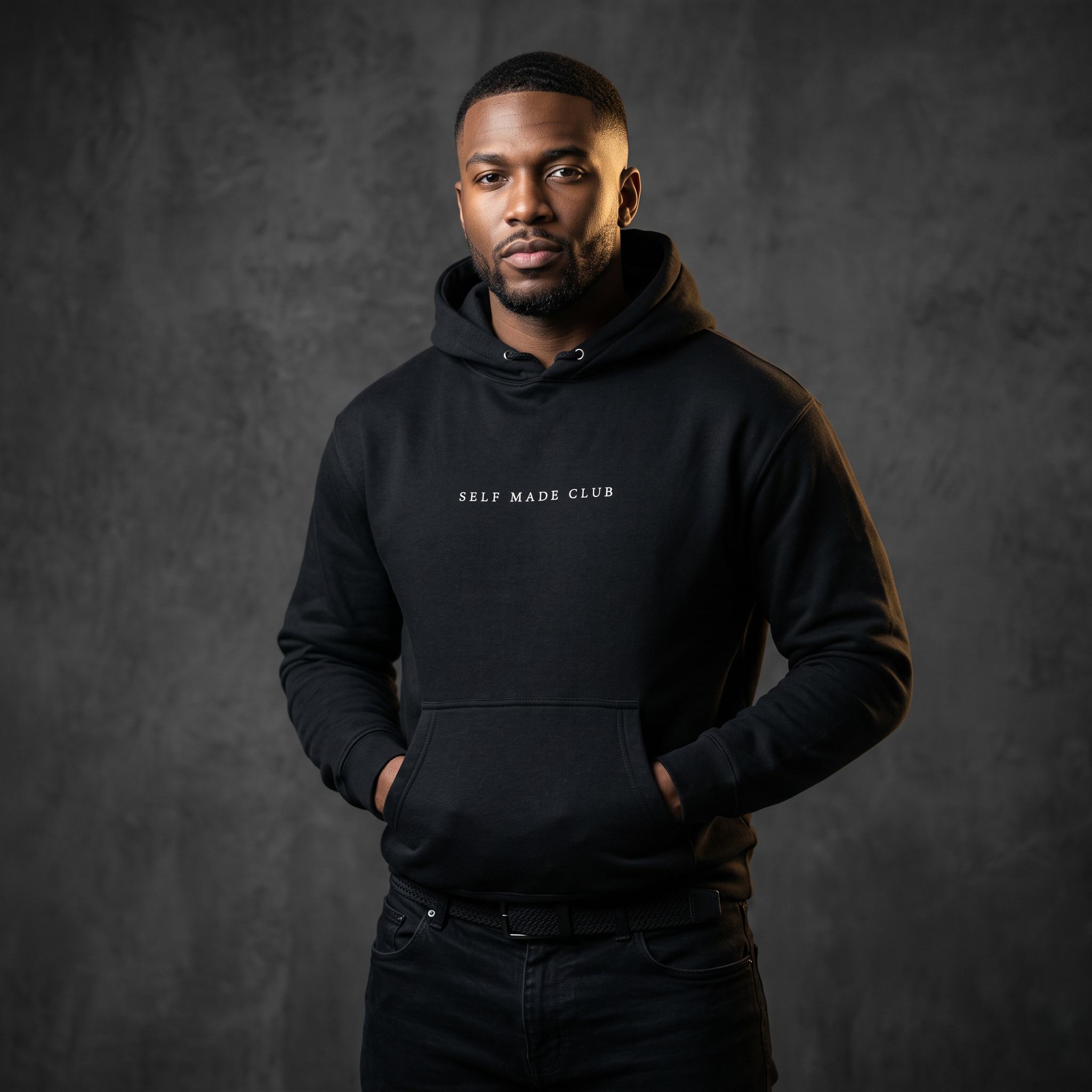 Male model wearing the Self Made Club Heavyweight Hoodie