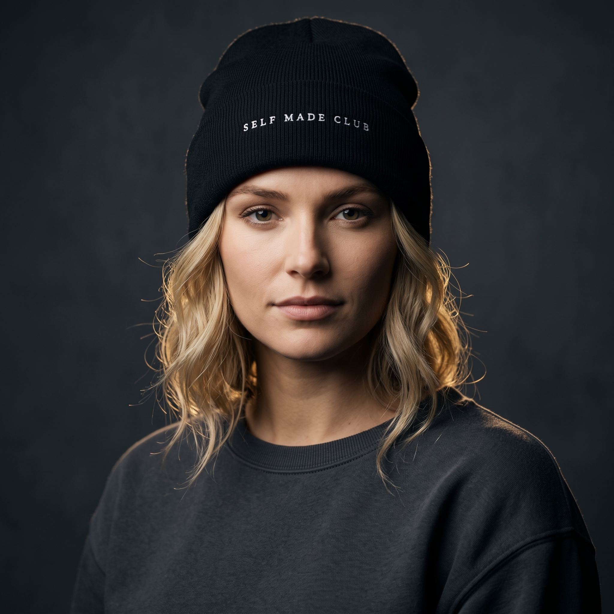 Female model wearing the Self Made Club Cuffed Beanie