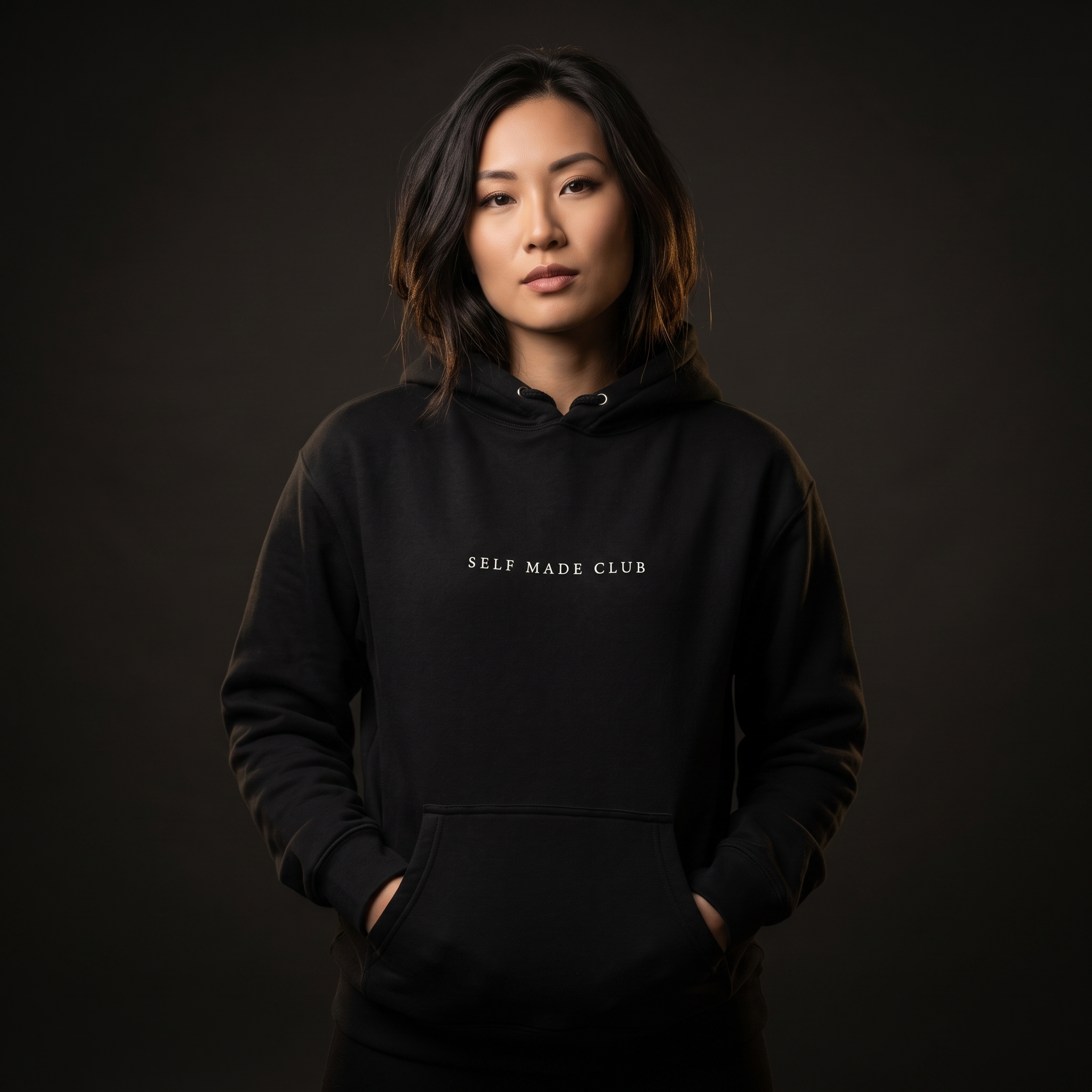 Female model wearing the Self Made Club Heavyweight Hoodie