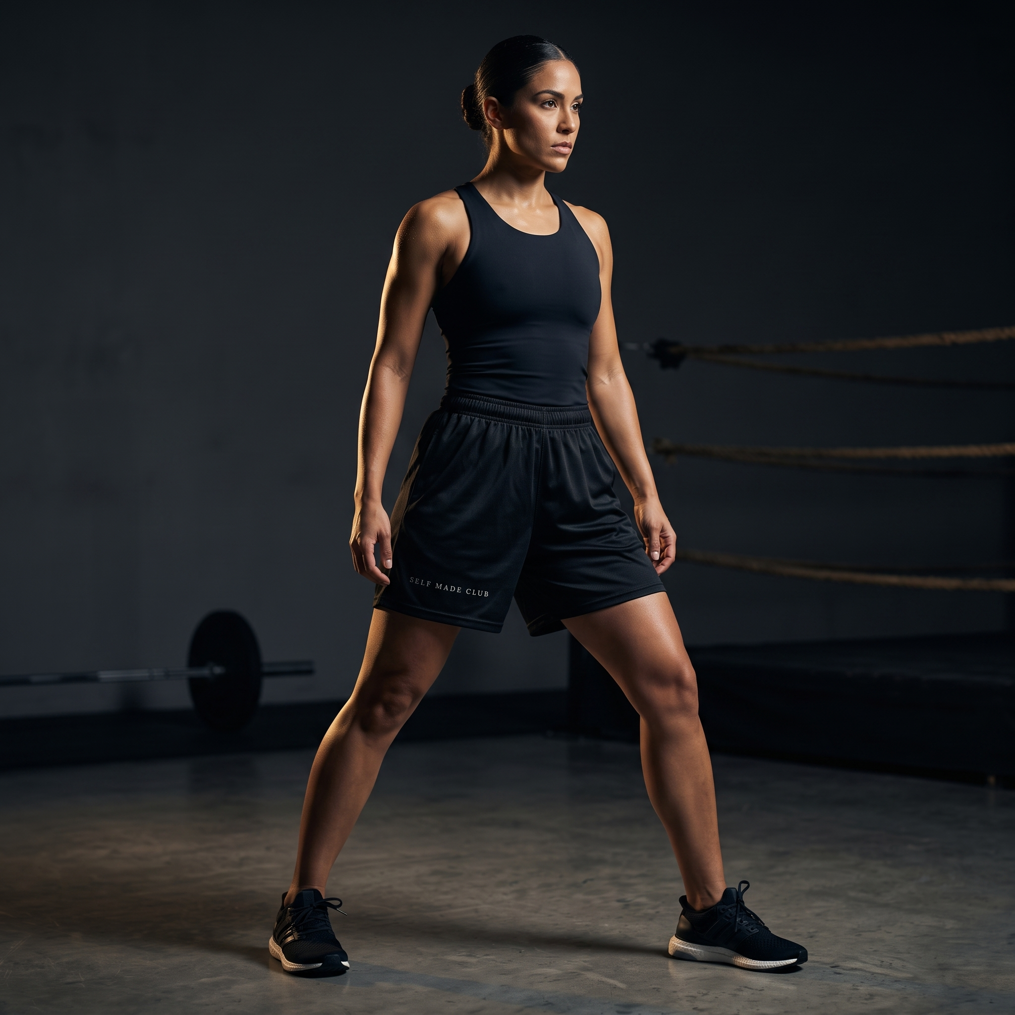 Female model wearing the Self Made Club Mesh Shorts