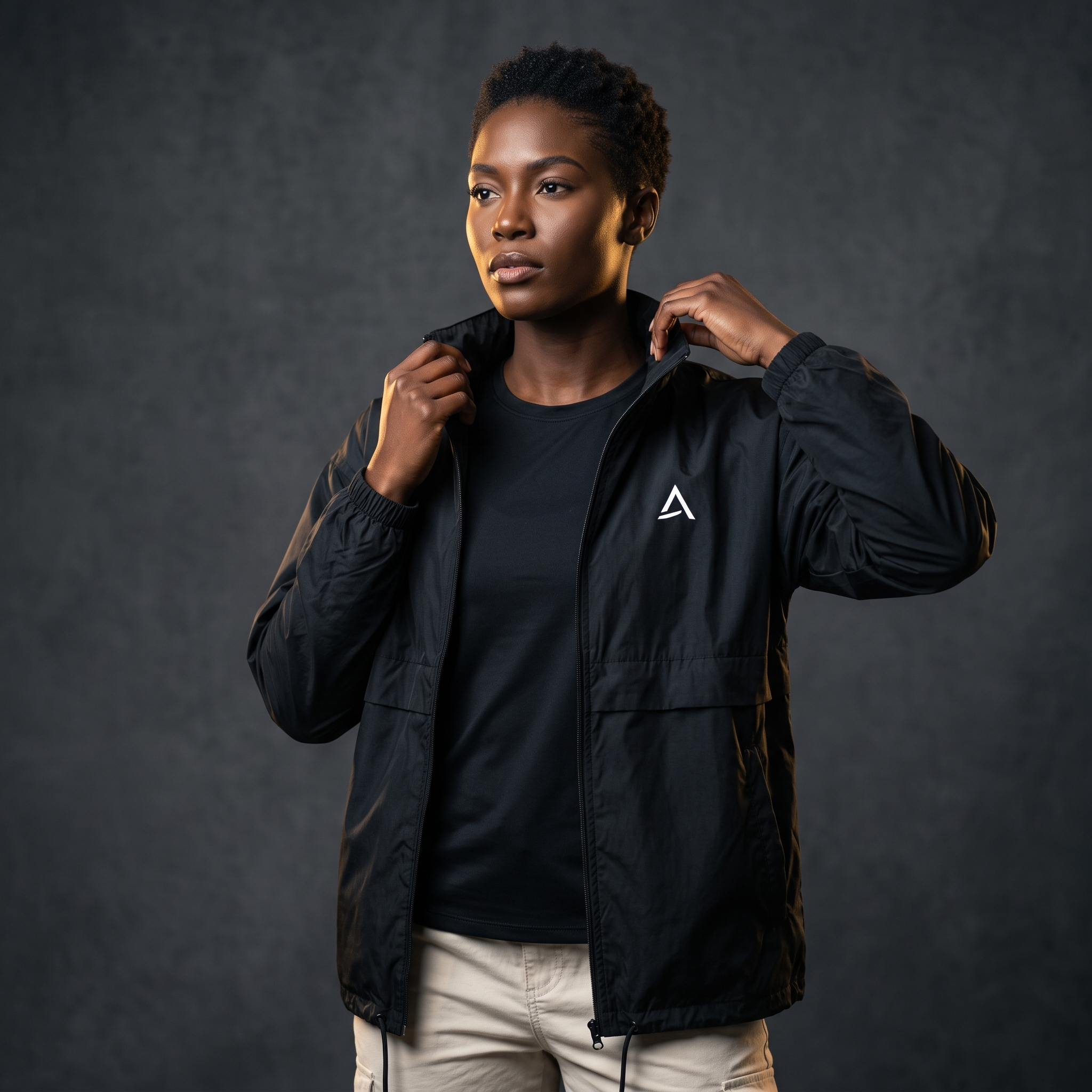 Female model wearing the Self Made Club Standard Issue Windbreaker