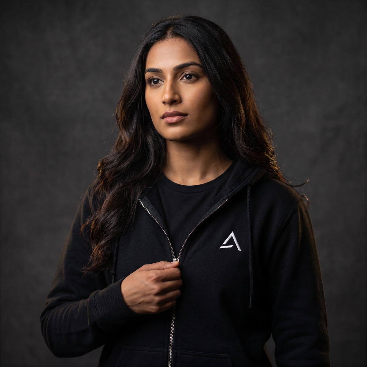 Female model wearing the Self Made Club Standard Issue Zip Hoodie