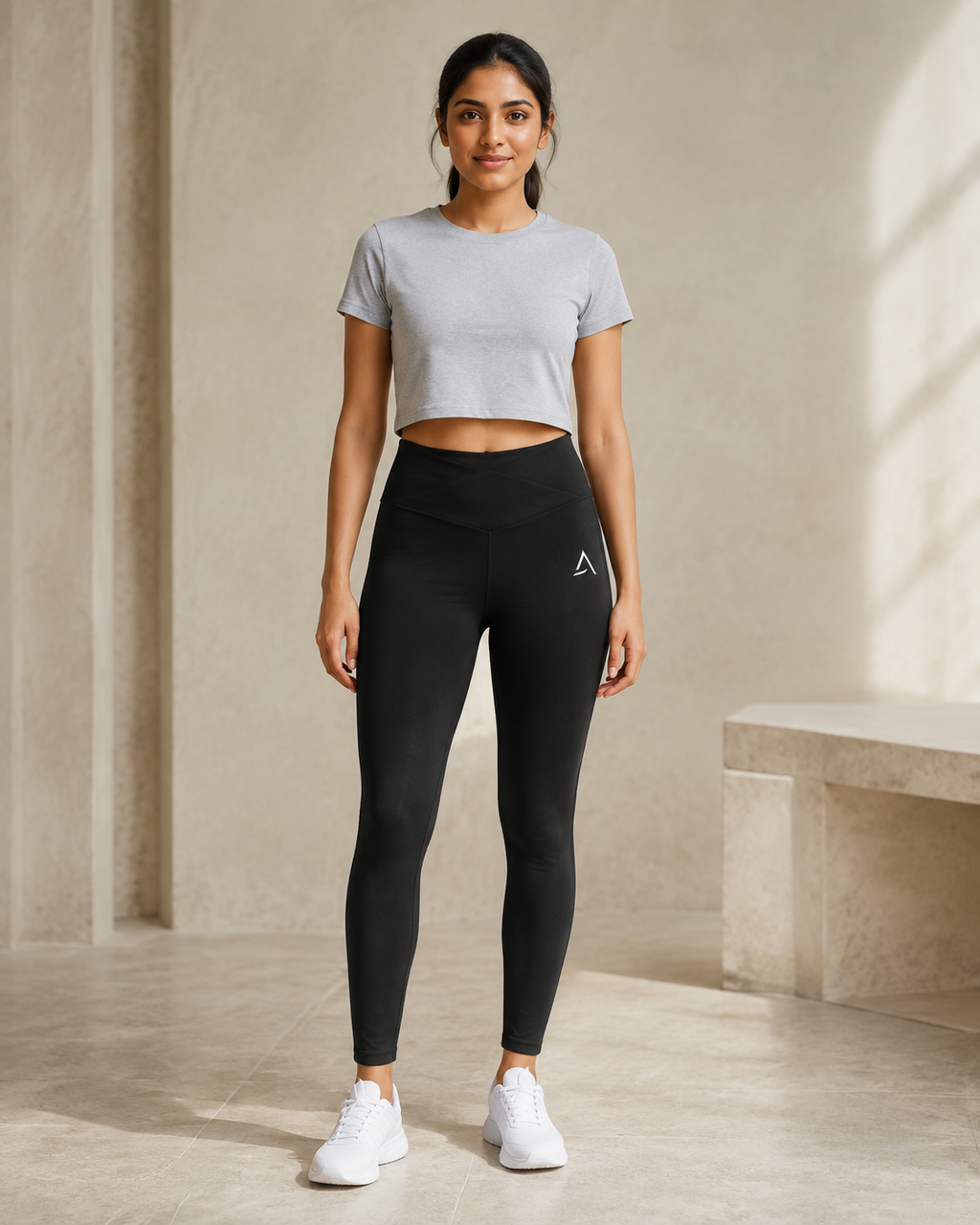 Self Made Club Form Legging in black on a female model in front view, showing cross-front waistband, left thigh mark and full-length fit. AI-generated styling visualization.