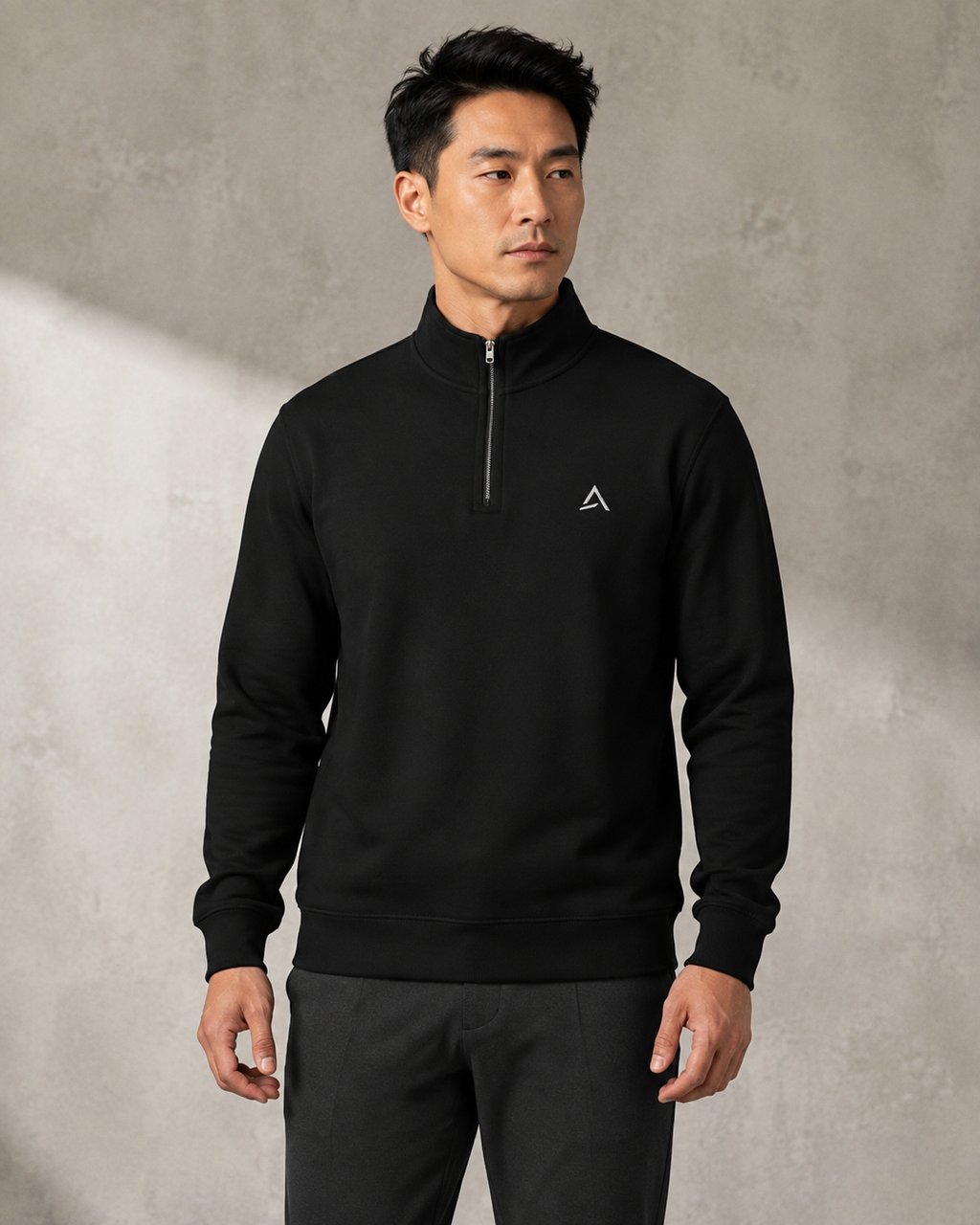 Self Made Club Quarter-Zip Pullover in black on an alternate male model, zipped collar and full front fit in a studio. AI-generated styling visualization.