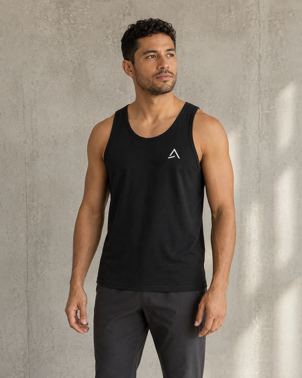 Self Made Club Standard Issue Tank for men in black on an alternate male model, full front garment view. AI-generated styling visualization.