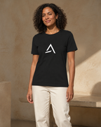 Self Made Club Women's Relaxed T-Shirt in black on an alternate female model, untucked front studio view. AI-generated styling visualization.